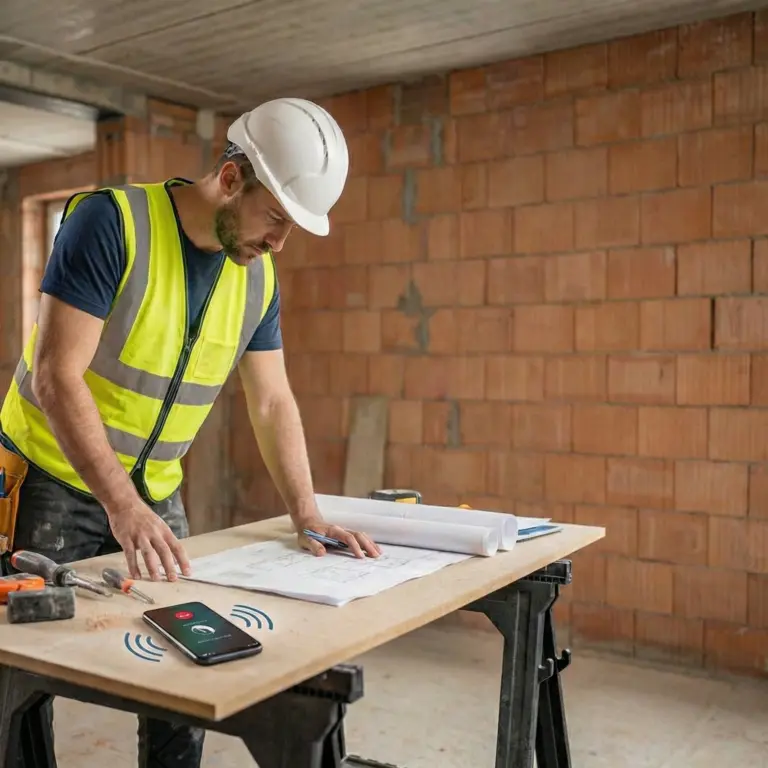 Handwerker mit Bauplan und Smartphone an der Werkbank im Rohbau