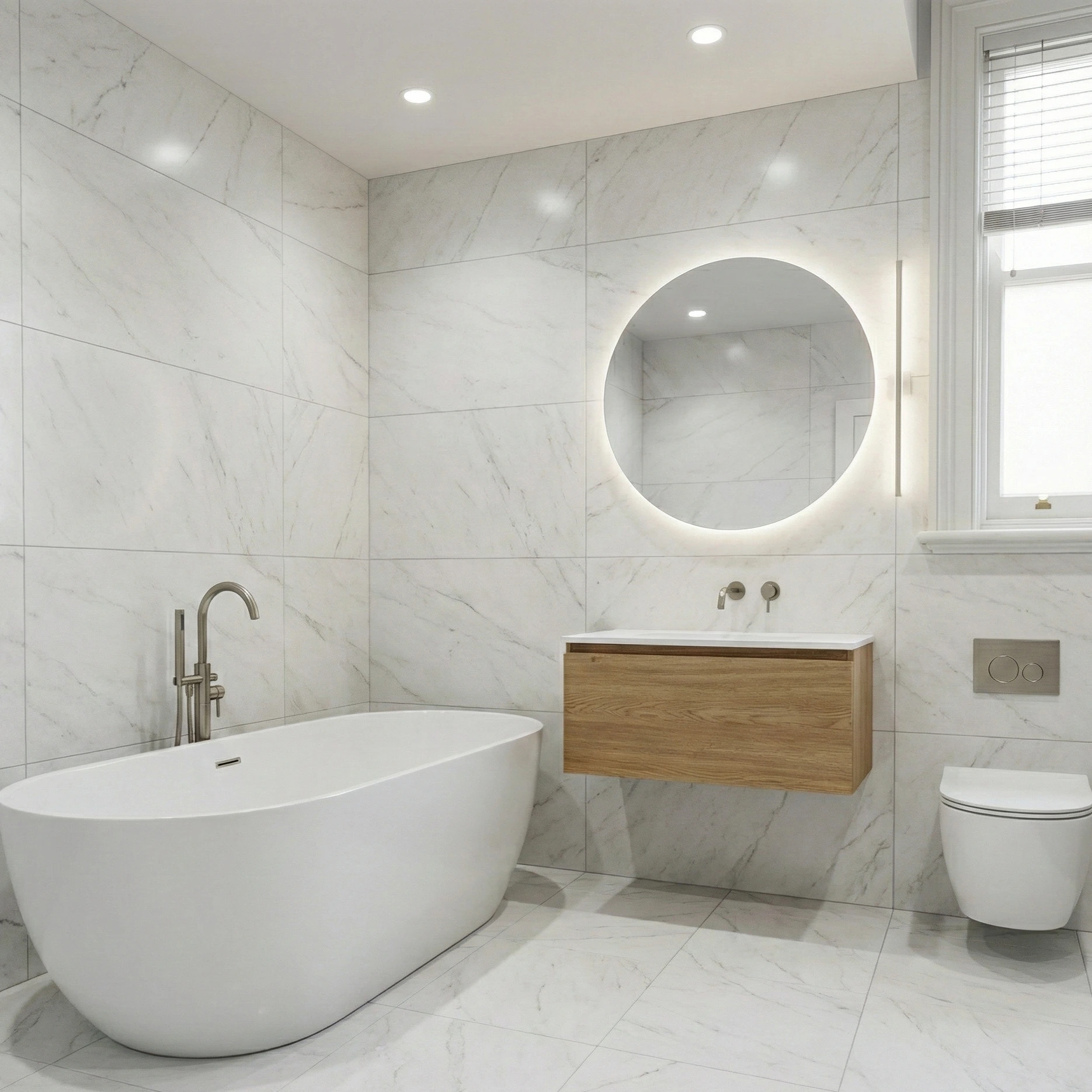 Nachher: saniertes, modernes Badezimmer mit freistehender Wanne