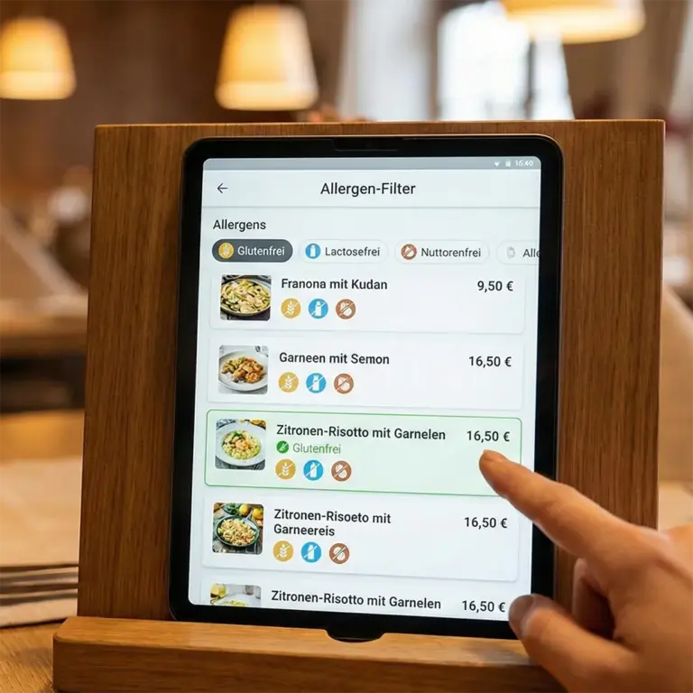 Tablet mit digitaler Speisekarte und Filter für Allergene
