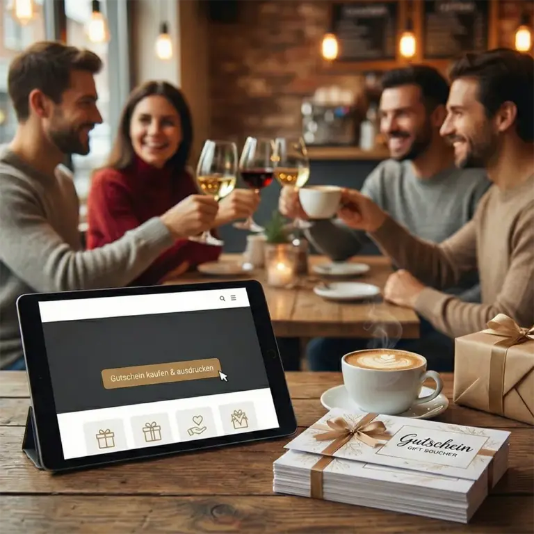 Freunde stoßen im Café an, daneben Tablet und Gutscheine