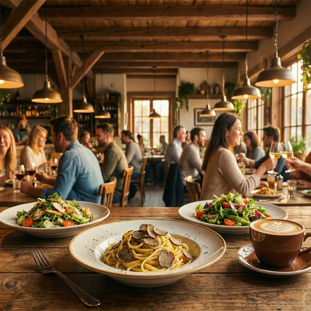 Gemütliches Restaurant mit gedeckten Tischen, Pasta und Cappuccino