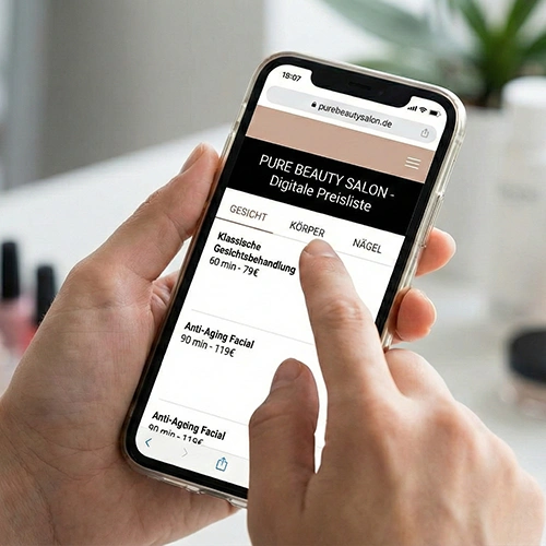 Übersichtliche Preisliste eines Beautystudios auf einem Smartphone