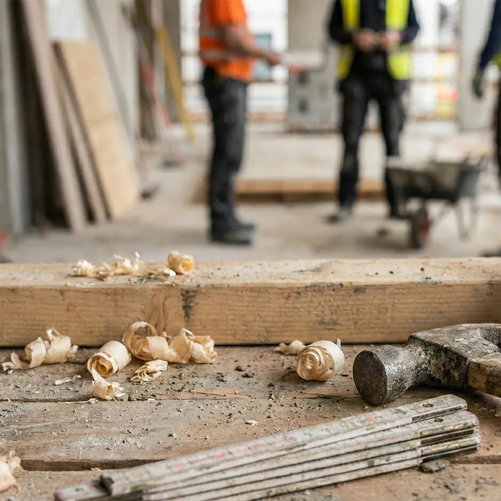 Werkbank auf der Baustelle mit Zollstock, Hammer und Hobelspänen