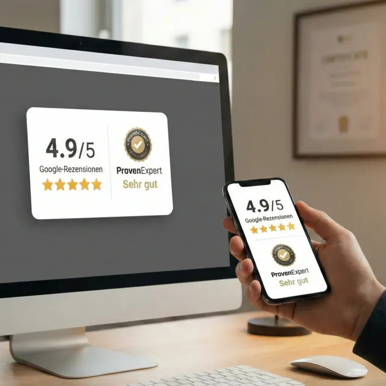 Website mit eingebundenen Google-Bewertungen auf Bildschirm und Smartphone