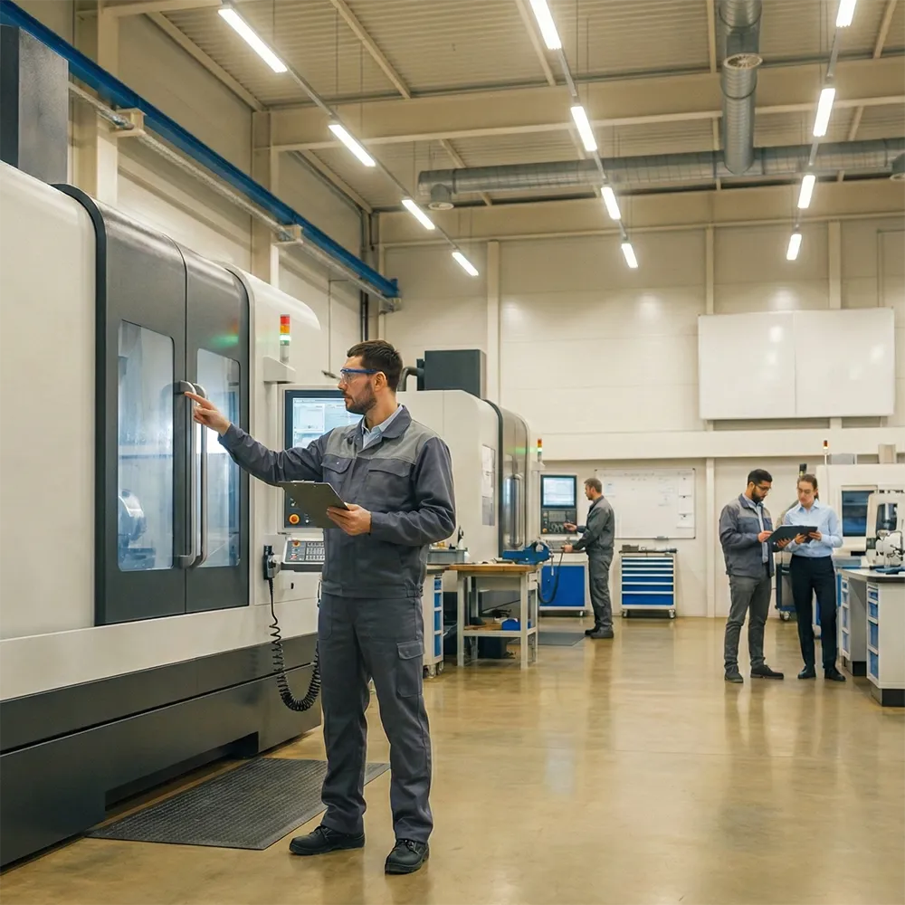 Mitarbeiter mit Tablet in einer modernen Fertigungshalle
