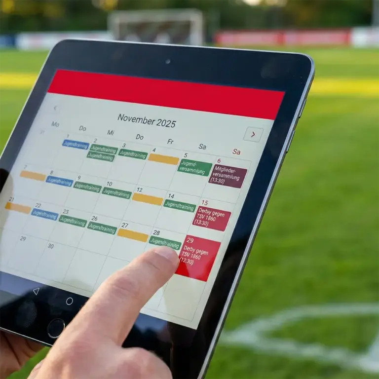 Digitaler Veranstaltungskalender eines Vereins auf einem Tablet am Sportplatz