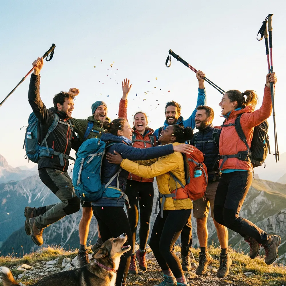 Gruppe von Freunden jubelt gemeinsam beim Wandern in den Bergen