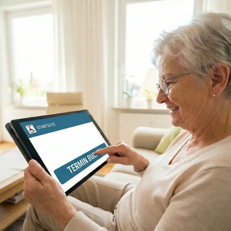 Ältere Patientin bucht entspannt am Tablet einen Termin