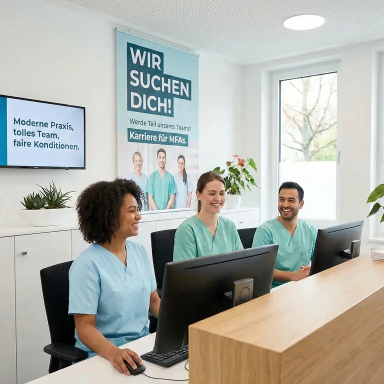 Praxisteam am Empfang vor einem Plakat mit Stellenanzeige