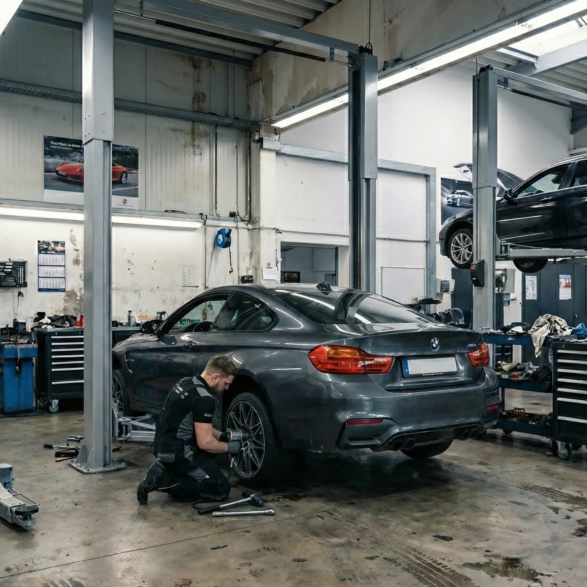 Kfz-Mechaniker bei der Arbeit in einer modernen Autowerkstatt