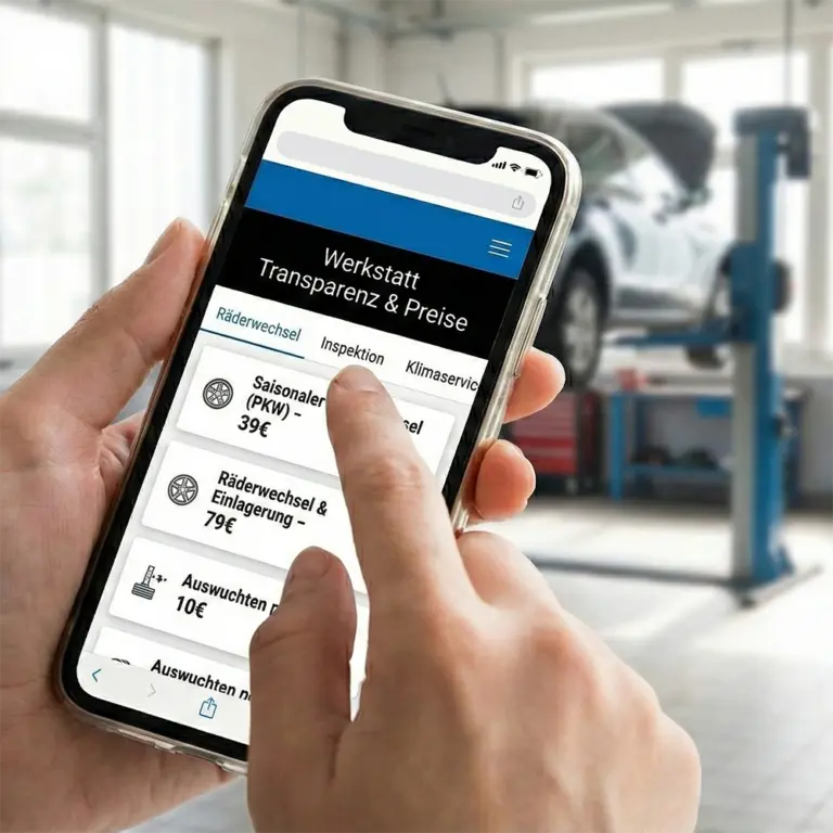 Preisliste einer Kfz-Werkstatt auf einem Smartphone