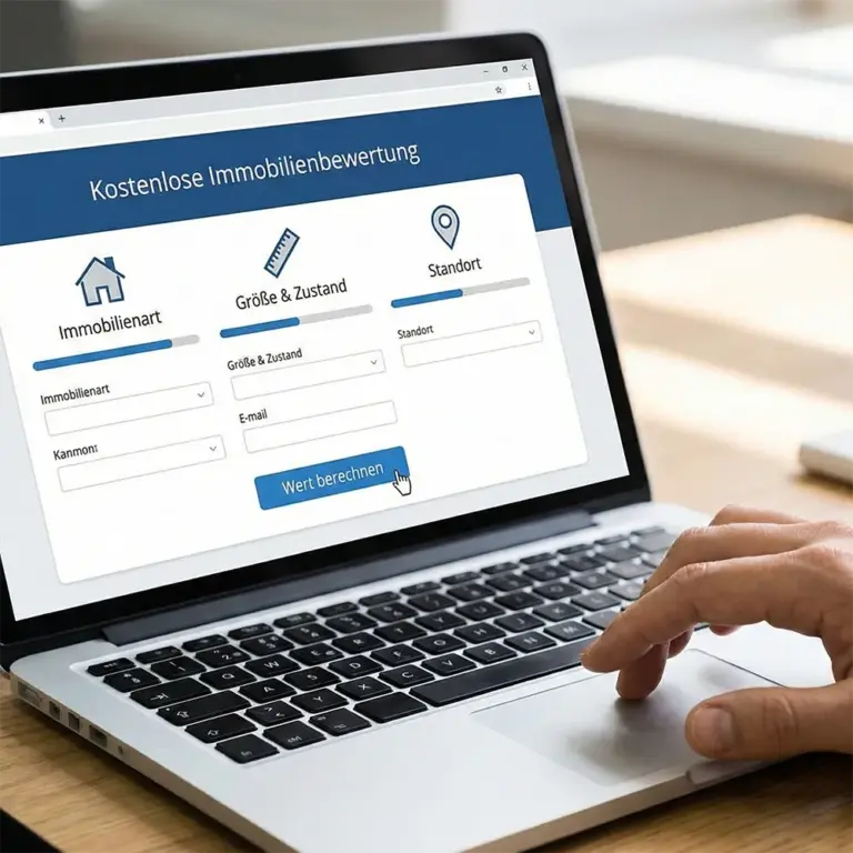 Laptop mit einem Formular zur kostenlosen Immobilienbewertung