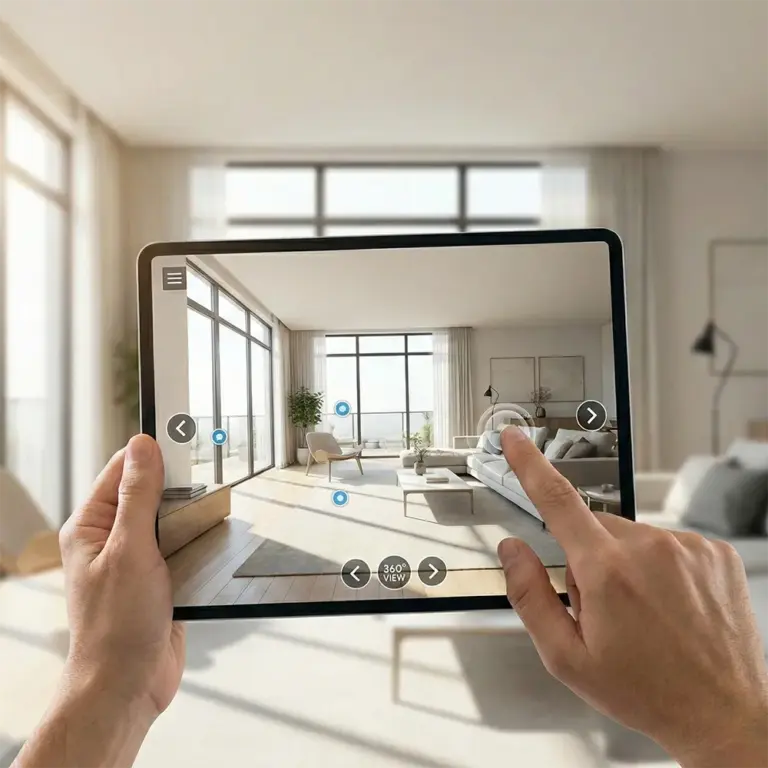 Hände halten ein Tablet mit einem virtuellen Rundgang durch ein Wohnzimmer