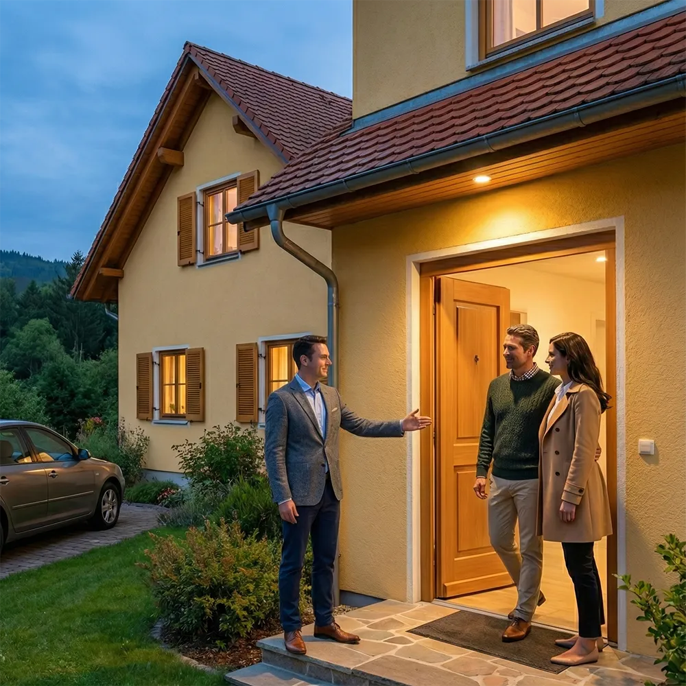 Makler begrüßt ein Paar vor der Haustür eines Einfamilienhauses