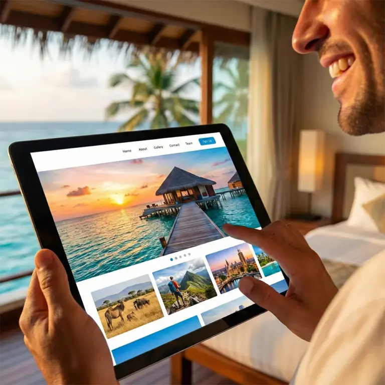 Hand hält ein Tablet mit Bildern von Strand und Wasserbungalows