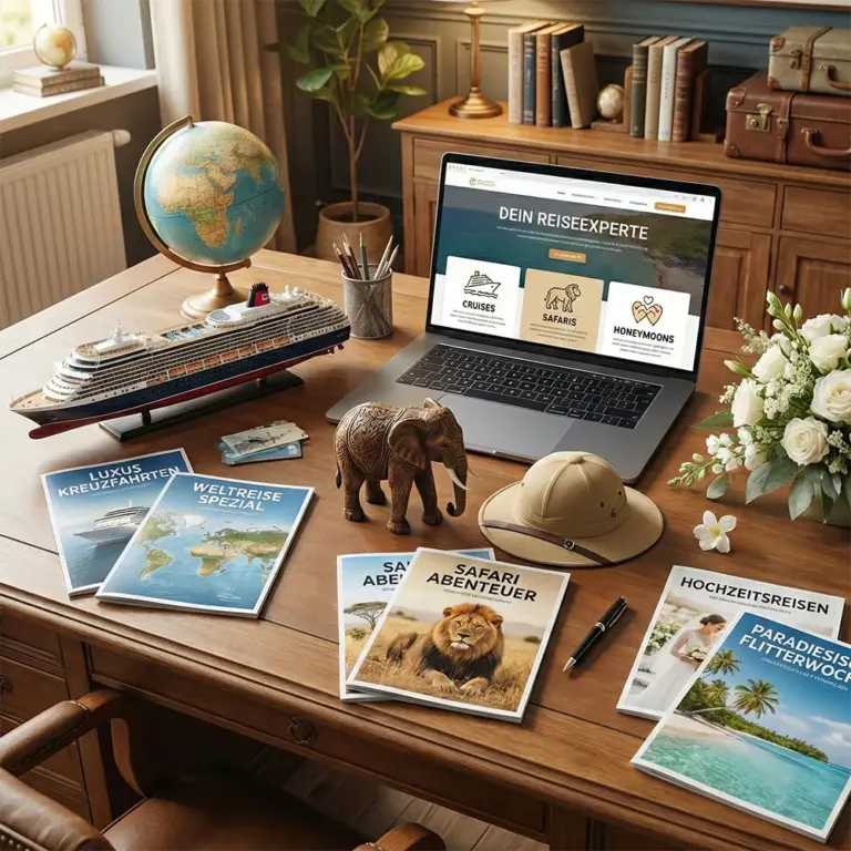 Schreibtisch mit Globus, Kreuzfahrtschiff Modell, Katalogen und Laptop