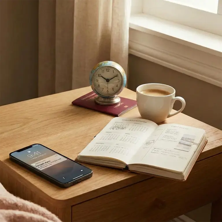 Wecker, Kaffeetasse, Reisepass und Smartphone auf einem Fensterbrett