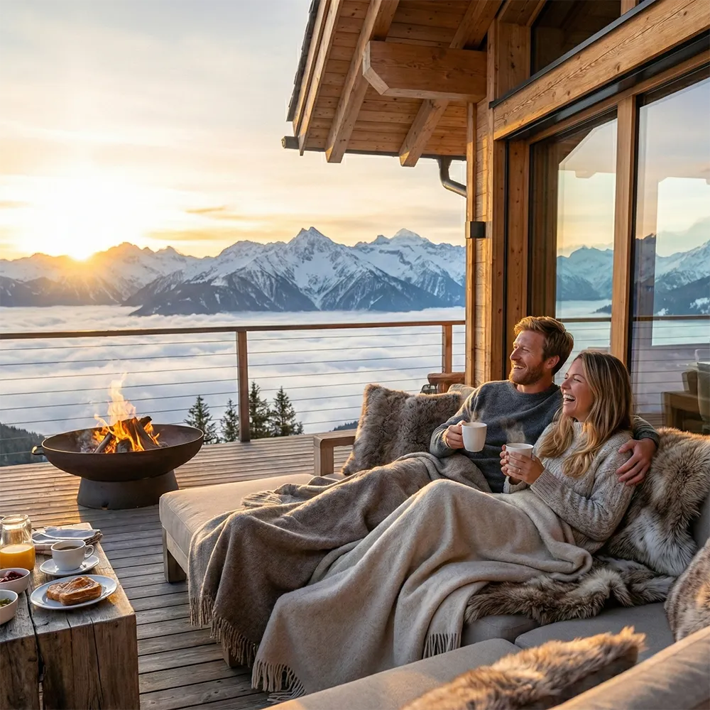 Paar in Decken auf einer Terrasse mit Blick auf verschneite Berge