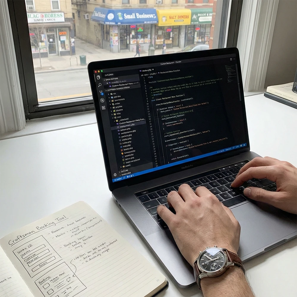 Hände auf einem Laptop bei der Entwicklung eines WordPress Plugins