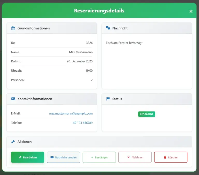 Tischreservierung Verwaltung: Reservierungsdetails