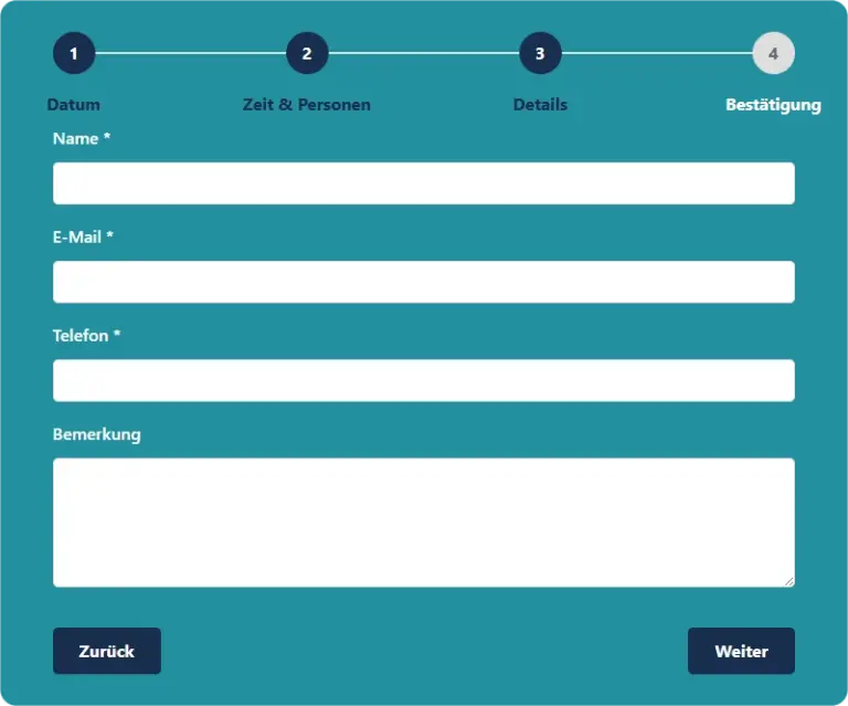 Tischreservierung Formular: Kontaktdaten und Nachricht eintragen