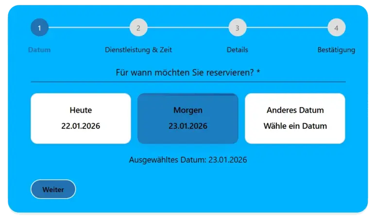 PocketBooking Pro Buchungsformular: freien Tag und Uhrzeit wählen