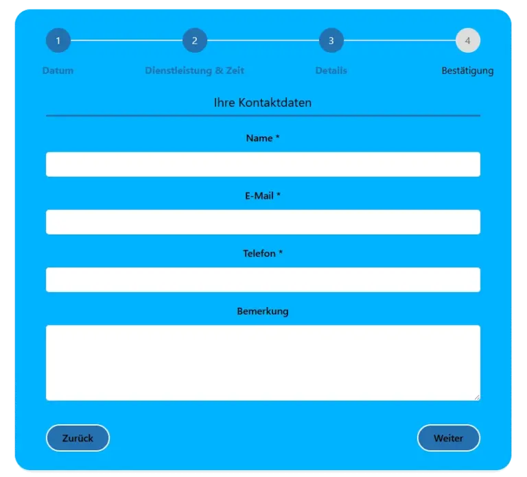 PocketBooking Pro Buchungsformular: Kontaktdaten eintragen und Termin buchen
