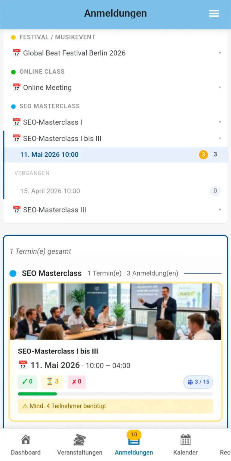 PocketEvents Pro Smartphone App: Anmeldungen