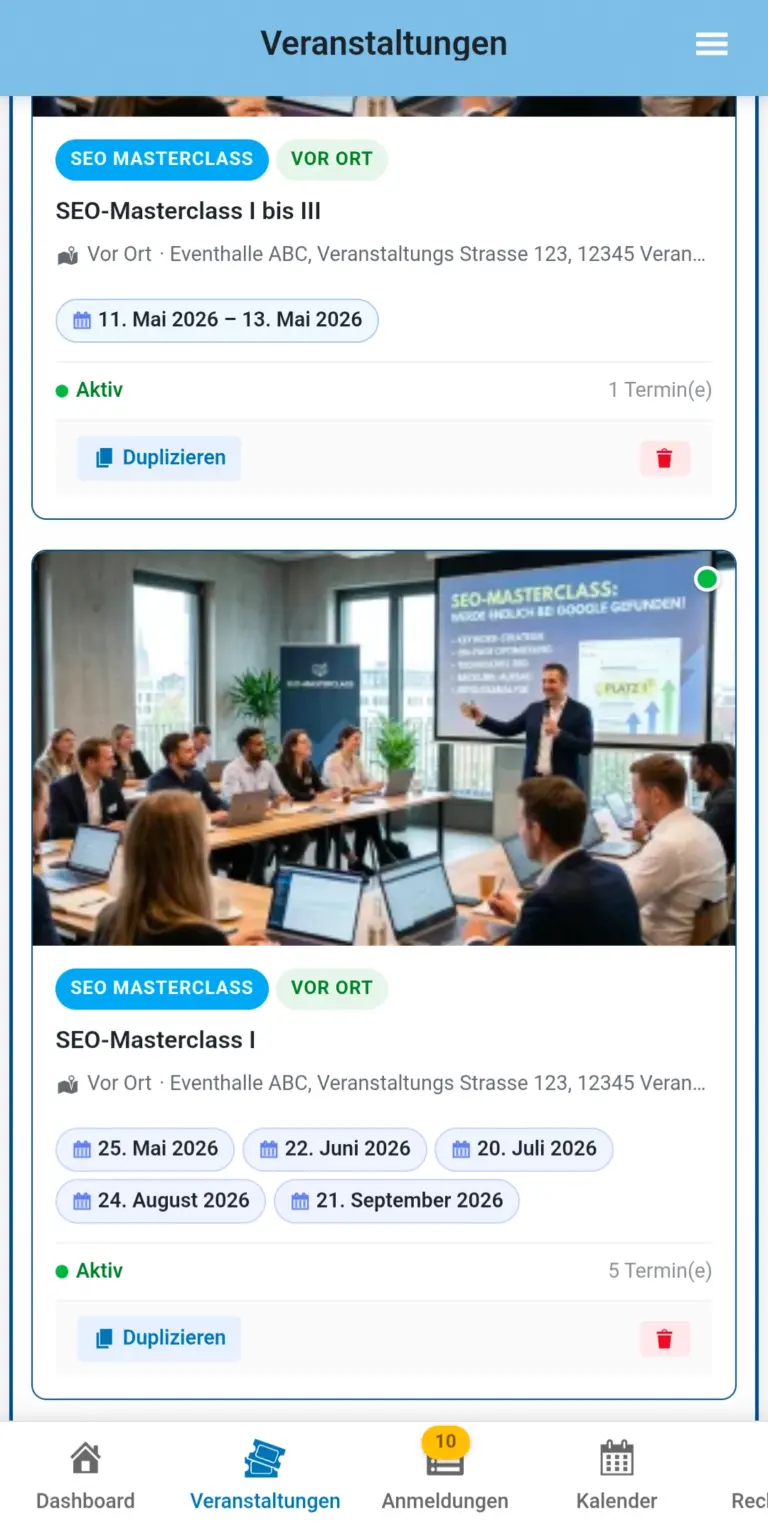 PocketEvents Pro Smartphone App: Veranstaltungen