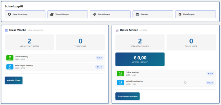 PocketEvents Pro Verwaltung: Dashboard