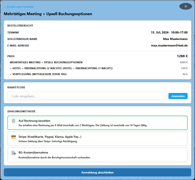 PocketEvents Pro auf der Website: Checkout mit Zusatzleistungen