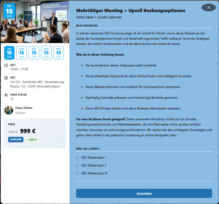 PocketEvents Pro auf der Website: Event Details mit Terminen und freien Plätzen