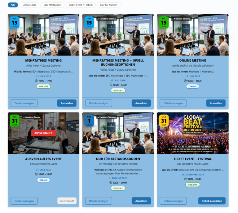 PocketEvents Pro auf der Website: kommende Events als Kacheln