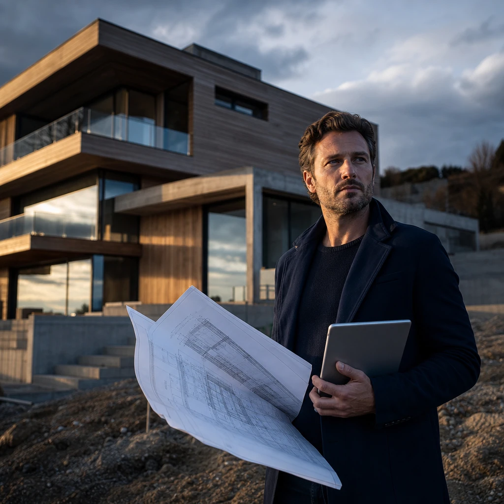 Architekt mit Plänen und Tablet vor einem modernen Wohnhaus