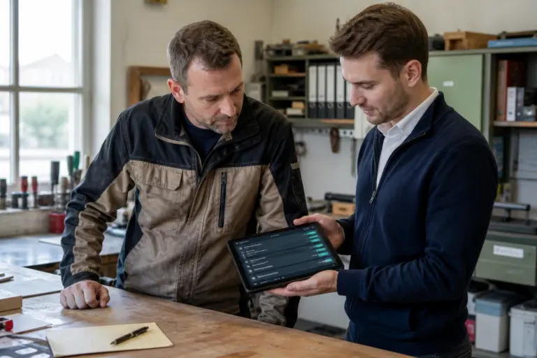 Zwei Männer besprechen eine Lösung auf einem Tablet in einer Werkstatt