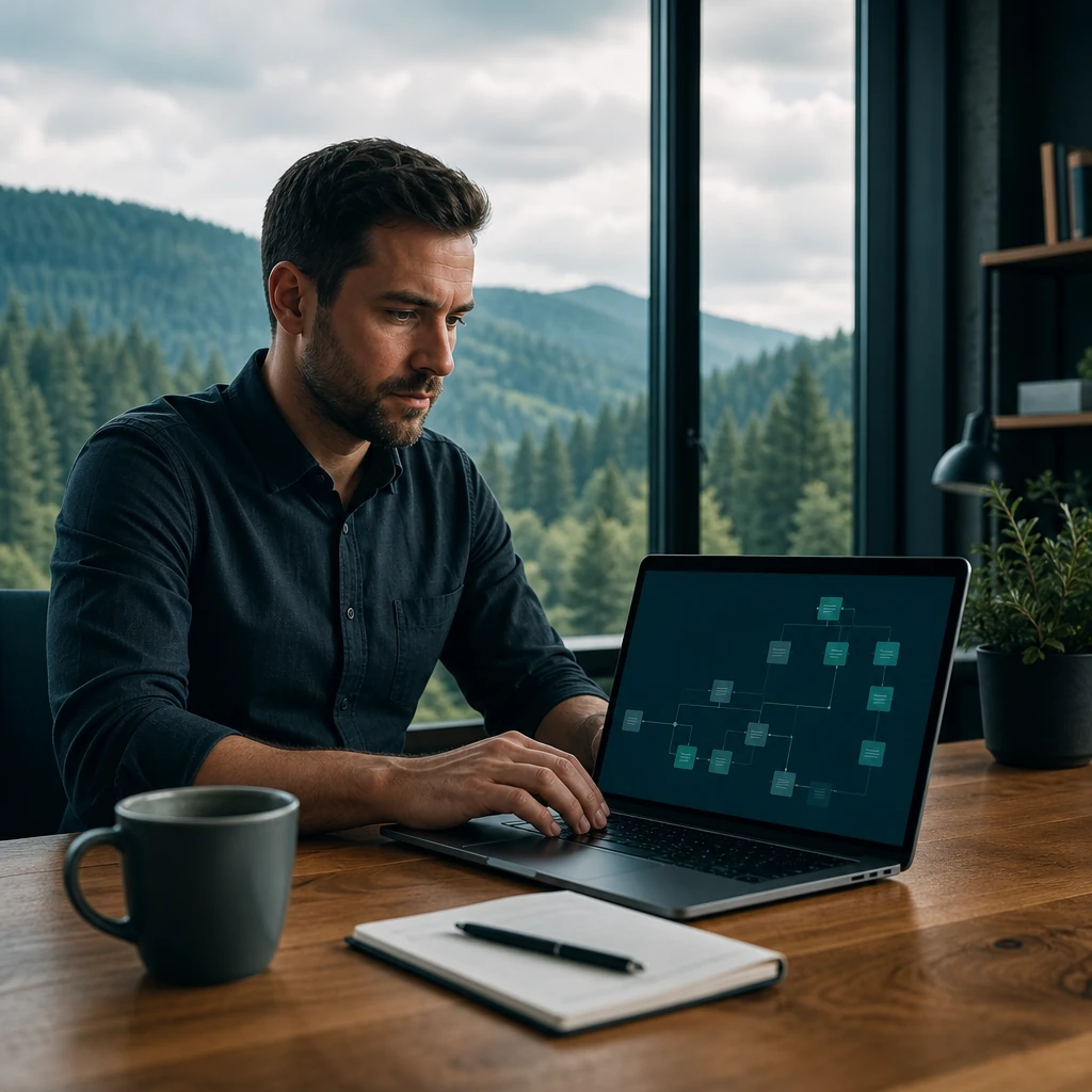 Mann arbeitet am Laptop an einem Holztisch mit Blick auf bewaldete Berge