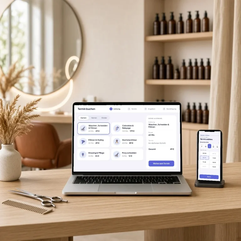PocketBooking Pro: Online Terminbuchung für Friseure auf Laptop und Smartphone im Salon, mit Leistungsauswahl, Dauer und Preis