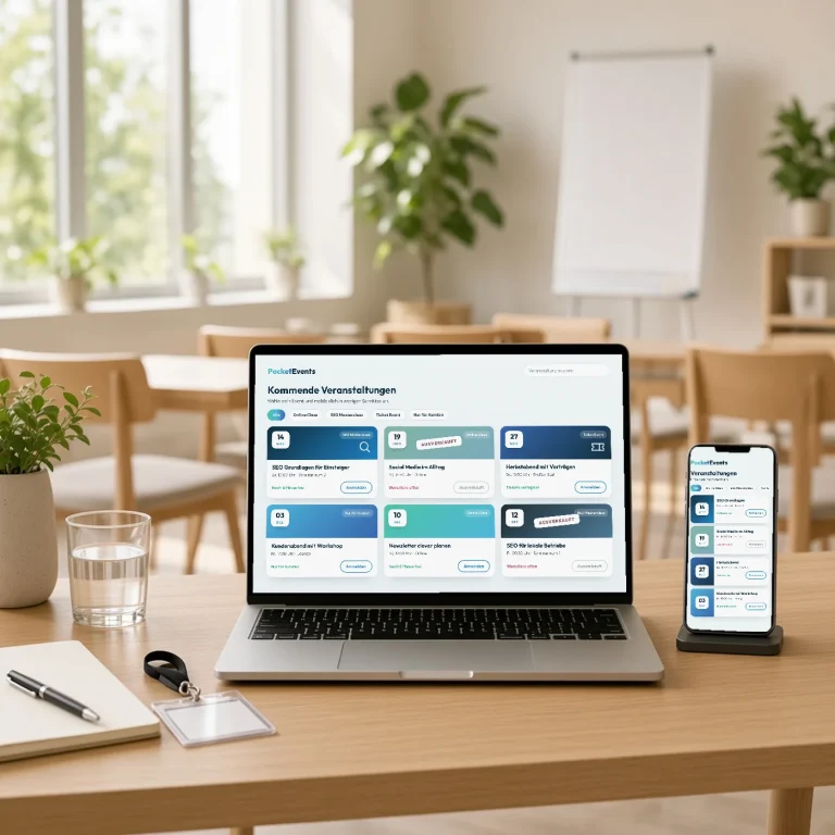 PocketEvents Pro: Veranstaltungen mit Datum, Filtern und Anmeldung auf Laptop und Smartphone in einem hellen Seminarraum