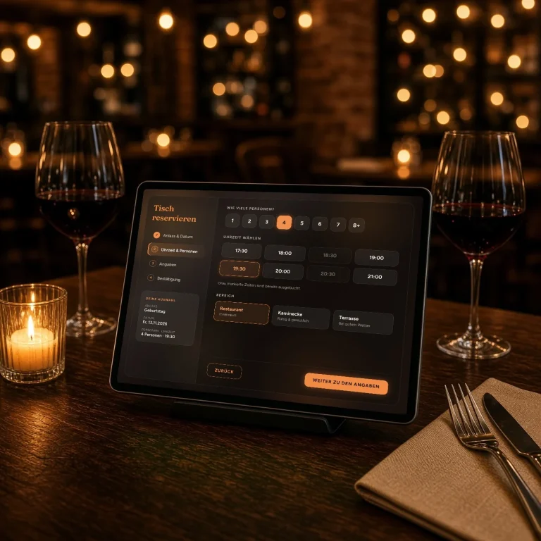 Tischreservierungen Pro: Online Tischreservierung im dunklen Design auf einem Tablet im Restaurant bei Kerzenlicht