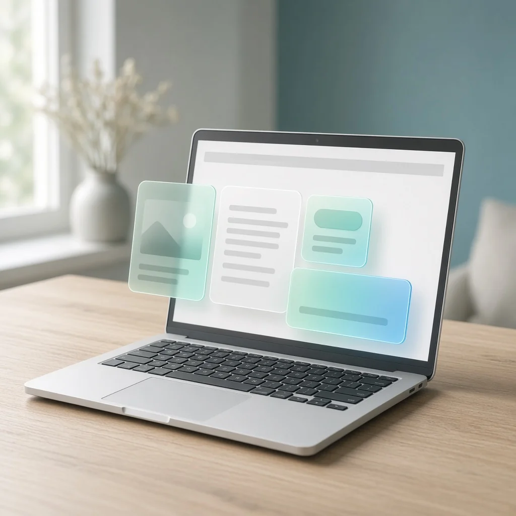 Website mit KI erstellen: Laptop, auf dem sich eine Website aus leuchtenden Bausteinen zusammensetzt