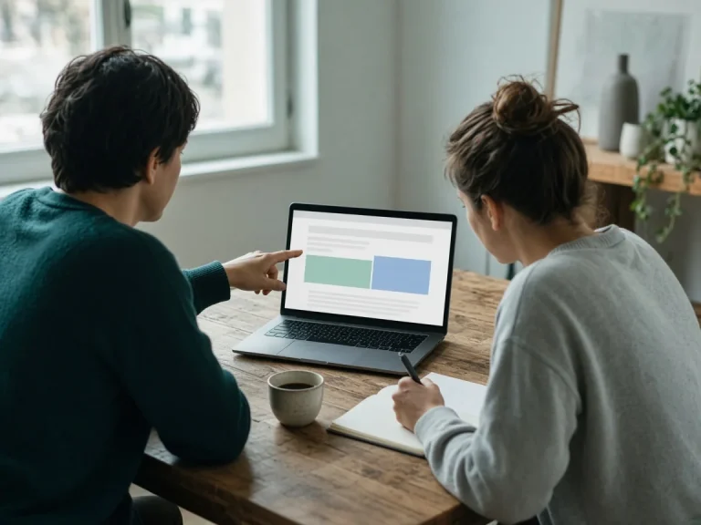 Zwei Personen am Laptop im Kurs: gemeinsam an der eigenen Website arbeiten